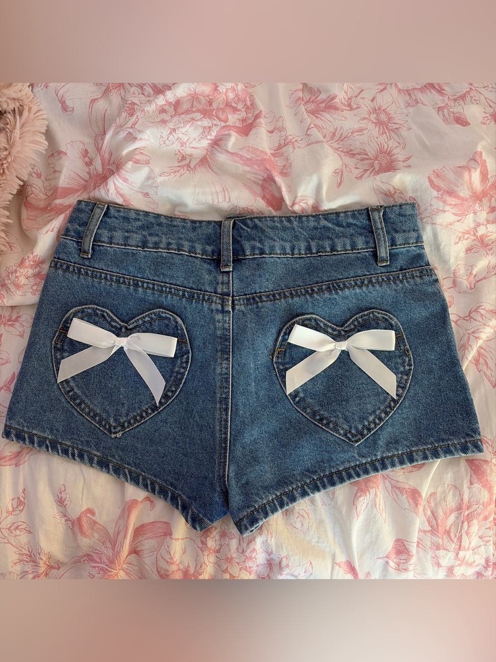 Edikted Denim Shorts with Heart Back Pockets and White Bows